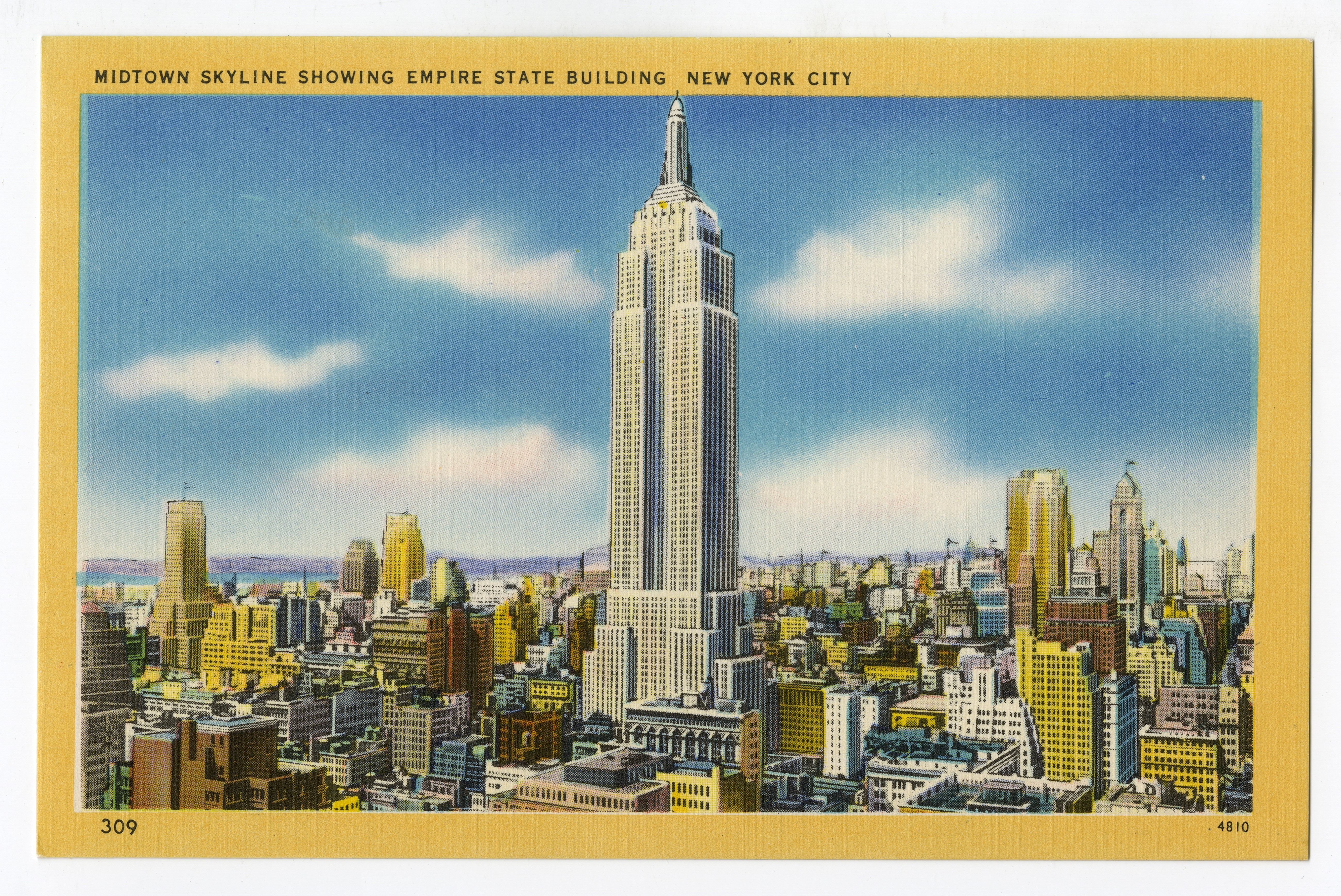 A colorful postcard showing the exterior of the Empire State Building towering above other city buildings.